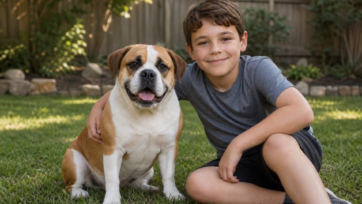 A sturdy Beabull sitting on a backyard lawn beside a school-age child, both looking at the camera
