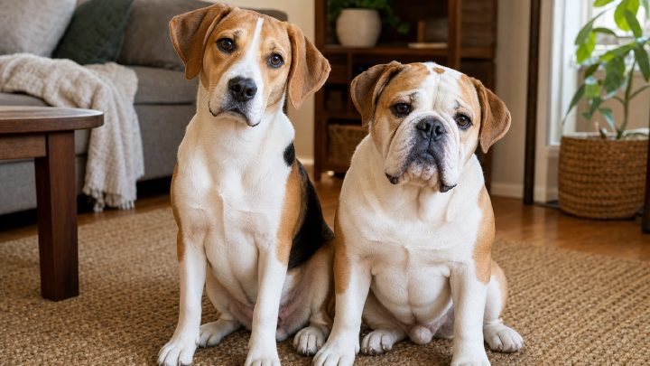 Two Beabull littermates sitting together, one with a longer hound muzzle and one with a short wrinkled face