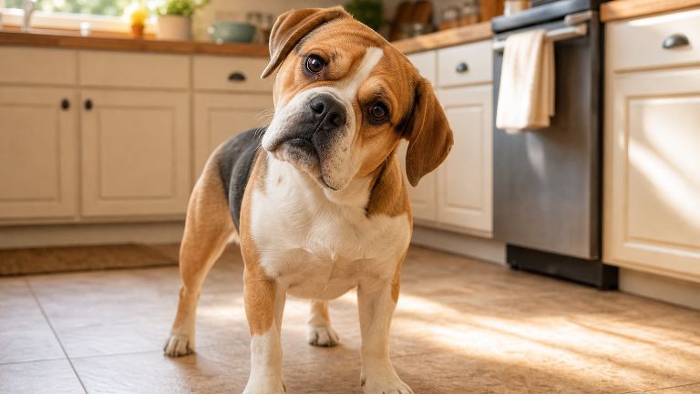 A curious Beabull tilting its head toward the camera in a sunlit kitchen
