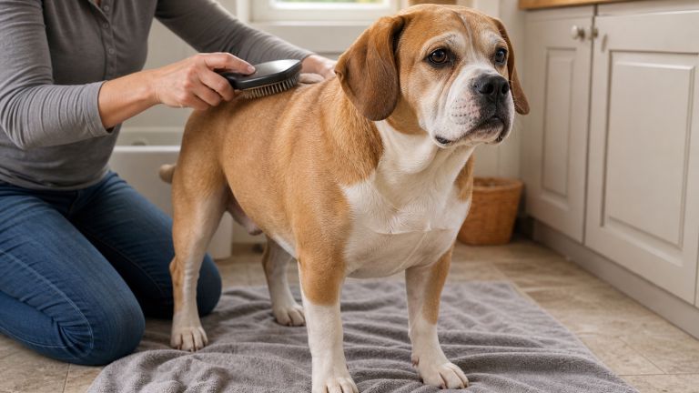 Beabull standing on a towel while its owner brushes its short tan and white coat
