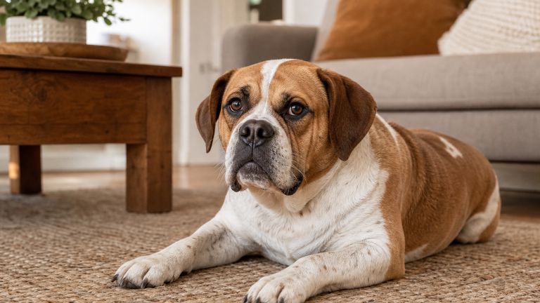 Adult Beabull with a slightly shortened muzzle resting on a living room rug