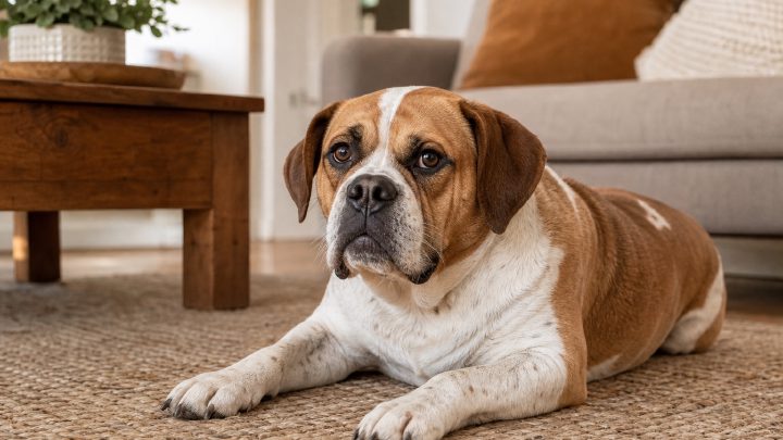 Adult Beabull with a slightly shortened muzzle resting on a living room rug