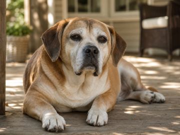 Gray-muzzled senior Beabull lying in dappled shade on a wooden porch