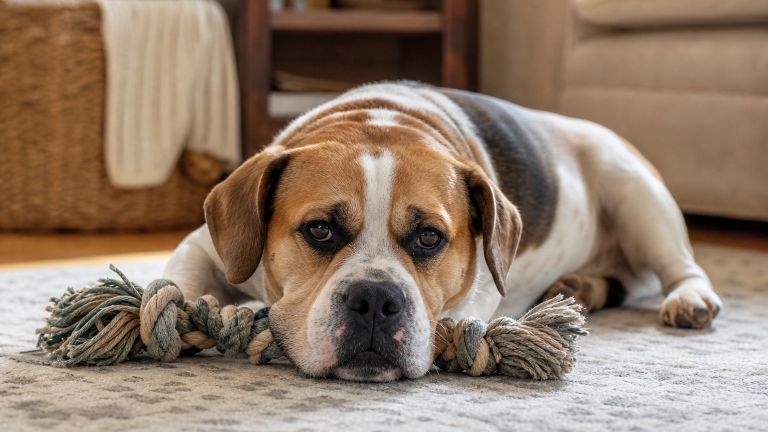 A relaxed Beabull lying on a living room rug with its chin resting on a rope toy