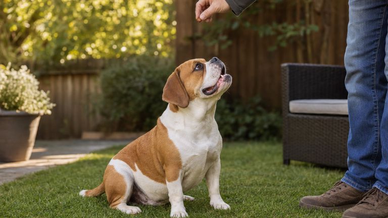 Beabull sitting in a backyard, looking up at a treat in its owner's hand
