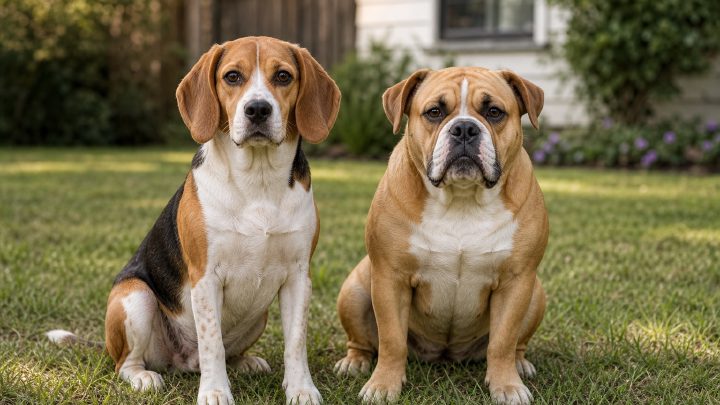 A tricolor Beagle and a stockier tan Beagle-mix dog sitting together on grass