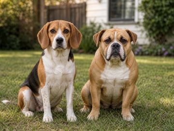 A tricolor Beagle and a stockier tan Beagle-mix dog sitting together on grass
