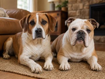 An English Bulldog and a longer-muzzled Bulldog-mix dog lying side by side on a living room floor
