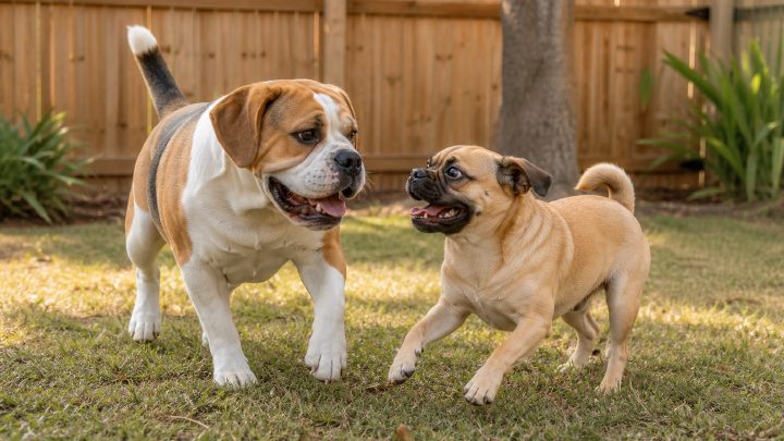 A stocky Bulldog-mix dog and a smaller fawn Pug-mix dog playing together in a fenced yard