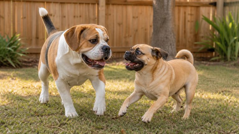 A stocky Bulldog-mix dog and a smaller fawn Pug-mix dog playing together in a fenced yard