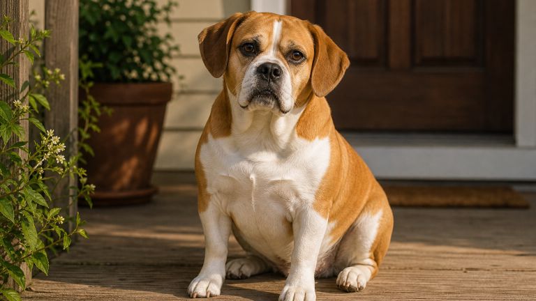 A stocky tan and white dog with floppy hound ears and a short muzzle sitting on a porch step