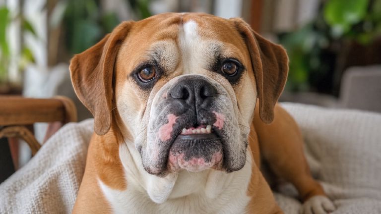 close-up of a Beabull face with a short muzzle, facial wrinkles, and a slight underbite