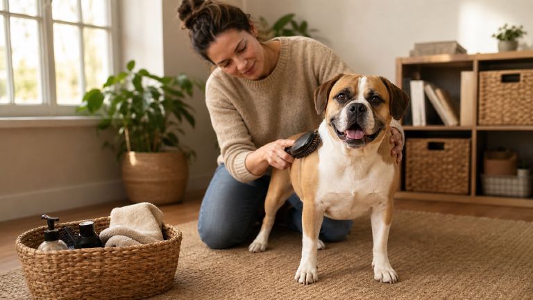 A person brushing a short-coated mixed-breed dog next to a basket of grooming supplies