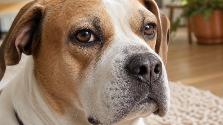 Close-up of shallow facial wrinkles on a Beabull's muzzle
