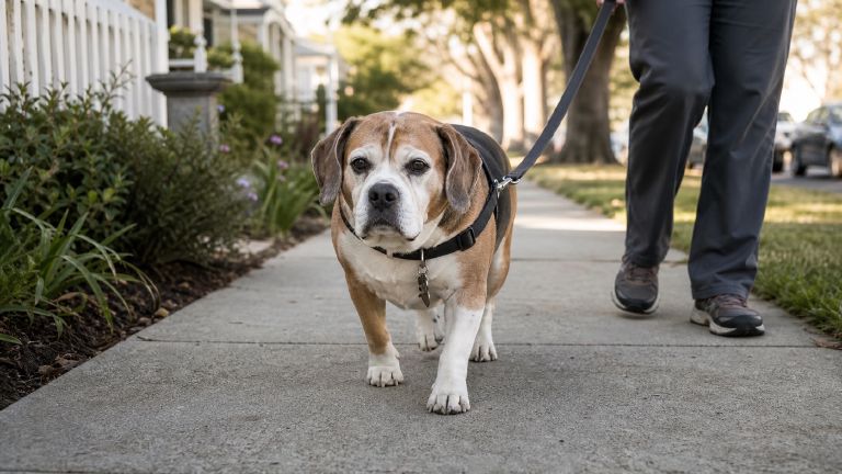 Older Beabull walking on a shaded sidewalk on a cool morning