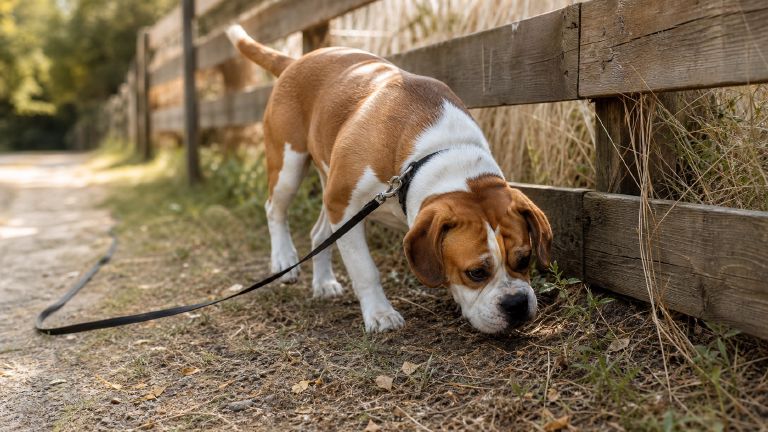 a Beabull sniffing intently along a fence line while on a long training leash