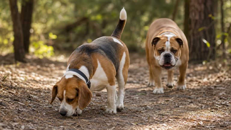 A Beagle sniffing along a trail with its nose down while a stockier mixed-breed dog walks behind