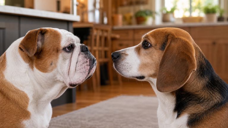 Close side-by-side profile view of a short Bulldog muzzle and a longer Beagle-influenced muzzle